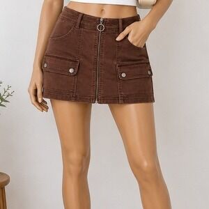 No Boundaries Womens Mini Skirt Brown Denim Cargo Y2K Utility S 4-6